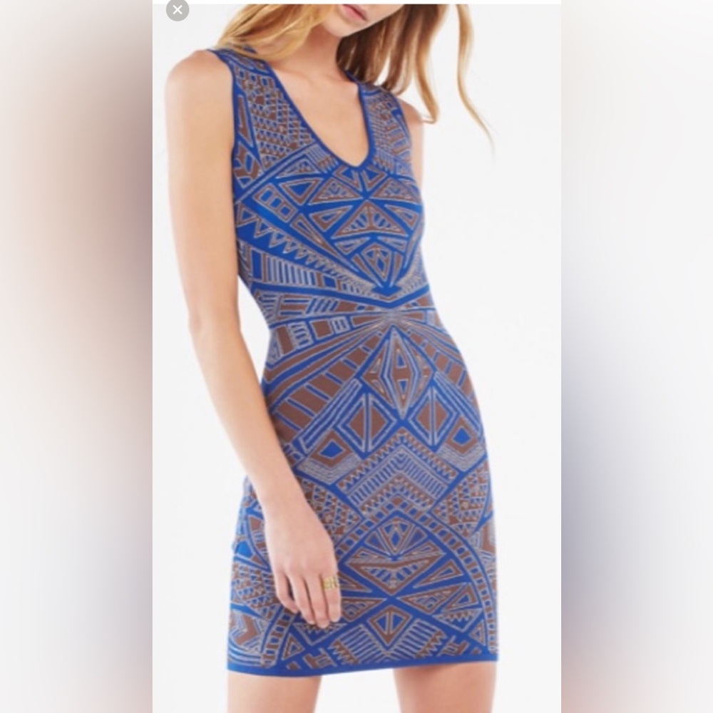 BCBGMaxAzria Blue and Brown Geometric Midi Dress